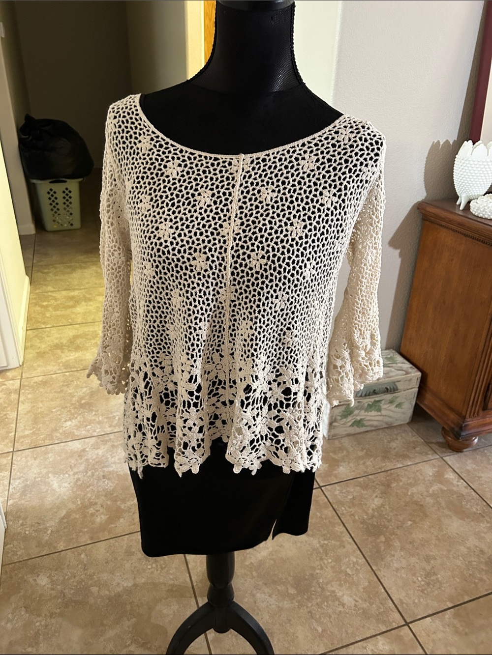 Crochet Openwork Cream Tunic Top